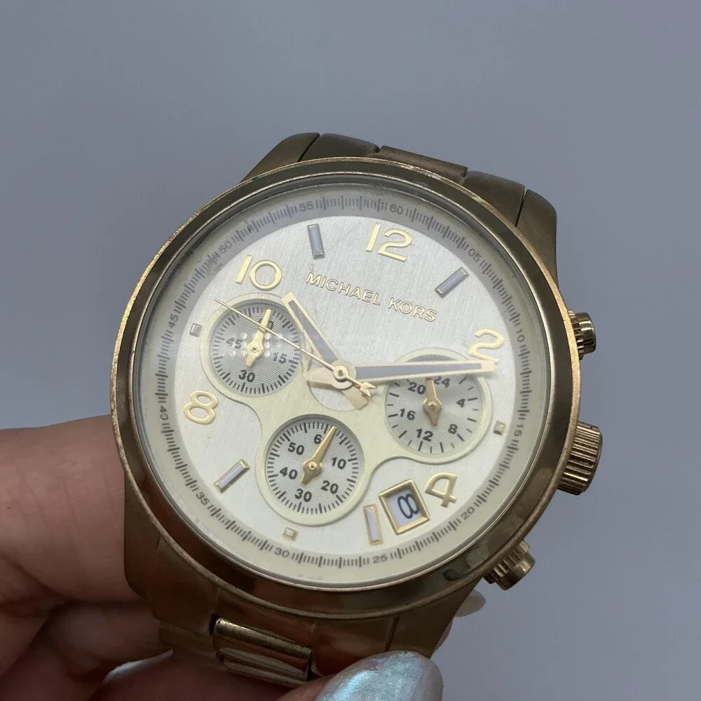 Michael Kors MK-5055 Womens Watch 37mm Gold Tone Chronograph New Battery 6.75